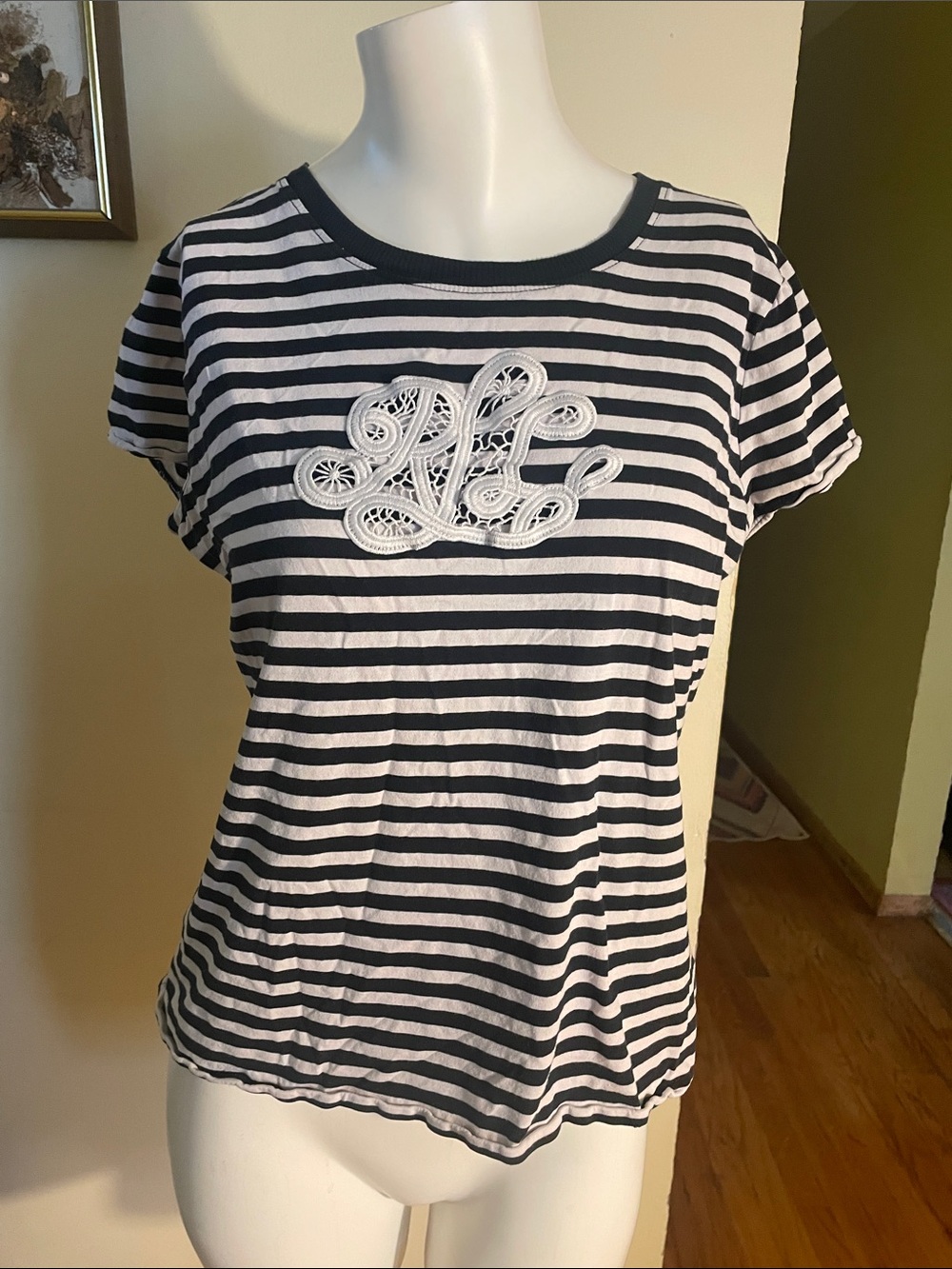 Ralph Lauren Black & White Striped Short Sleeve Tee with Embroidered Applique